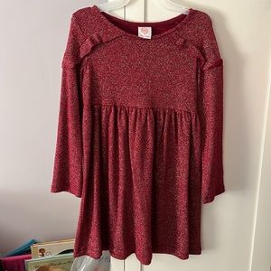 Red long sleeve tunic/dress with gold shimmer and ruffle detail at shoulders 5T